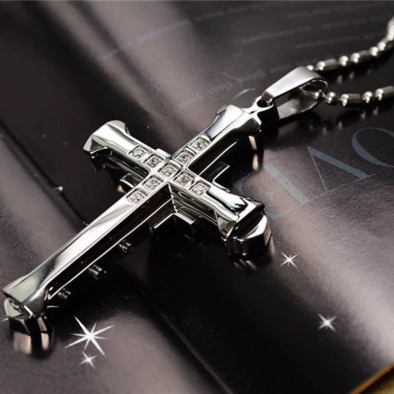 Male Crystal Cross Jesus Pendant Gold/Black/Blue Color Zirconia   Necklace Stainless Steel Jewelry