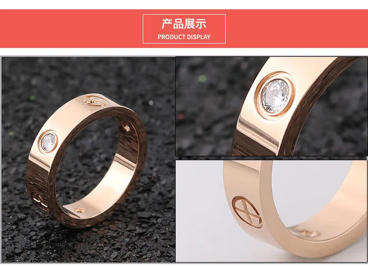 Trendy Stainless Steel Rose Gold Color Love Ring for Women Men Couple CZ Crystal Rings Luxury Brand Jewelry Wedding Gift