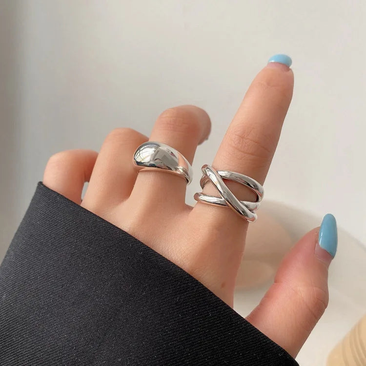 VENTFILLE 925 Sterling Silver Irregular Water Droplets Cross Ring Female Simple Retro Style Handmade Jewelry