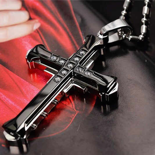 Male Crystal Cross Jesus Pendant Gold/Black/Blue Color Zirconia   Necklace Stainless Steel Jewelry