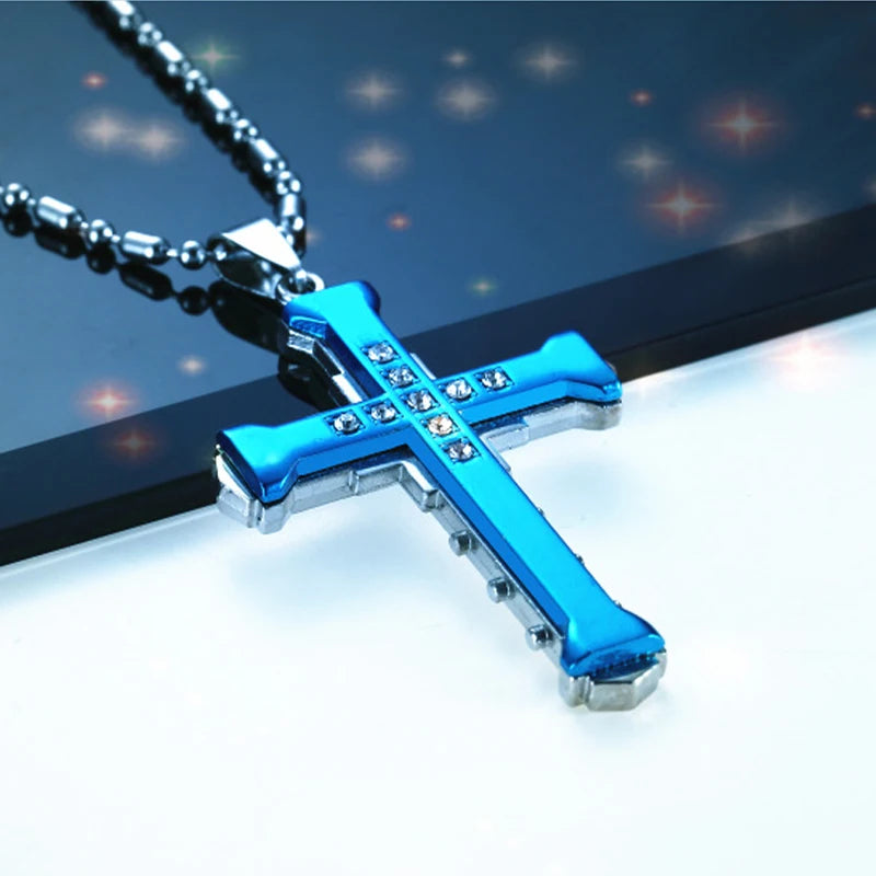 Male Crystal Cross Jesus Pendant Gold/Black/Blue Color Zirconia   Necklace Stainless Steel Jewelry