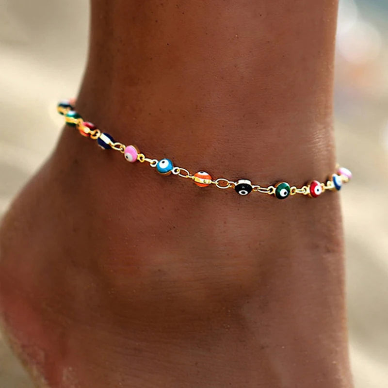 Bohemian Colorful Turkish Eyes Anklets for Women Butterfly Flower Zircon Shell Cat Ankle Bracelet Summer Beach Foot Leg Jewelry