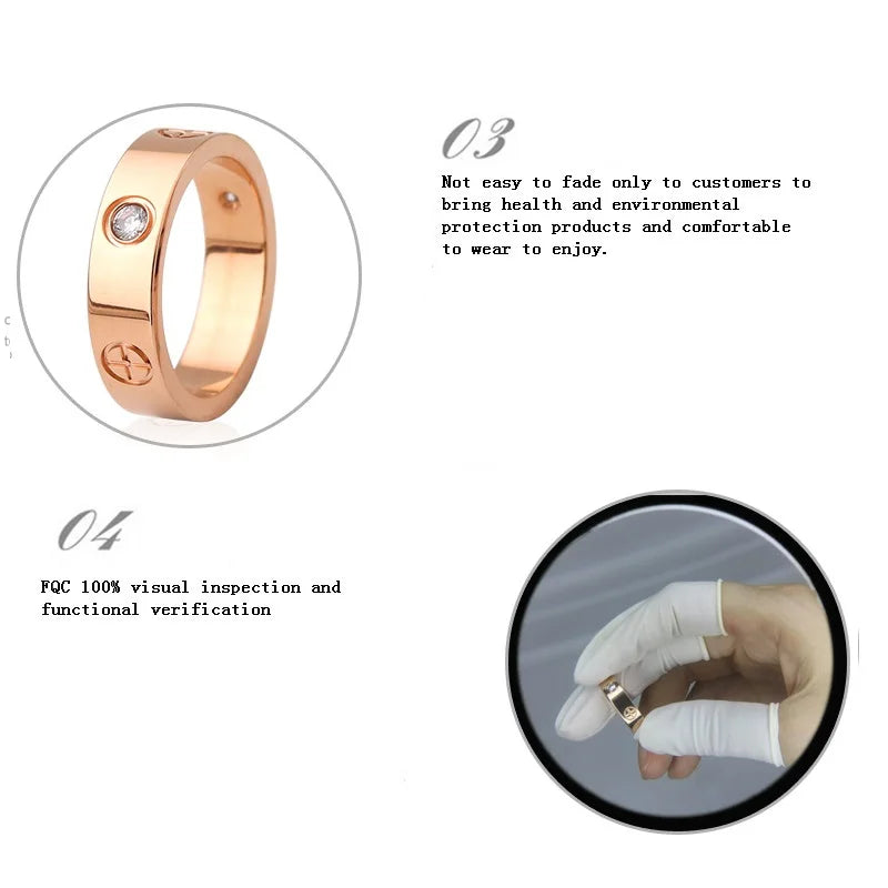 Trendy Stainless Steel Rose Gold Color Love Ring for Women Men Couple CZ Crystal Rings Luxury Brand Jewelry Wedding Gift