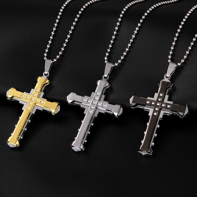 Male Crystal Cross Jesus Pendant Gold/Black/Blue Color Zirconia   Necklace Stainless Steel Jewelry