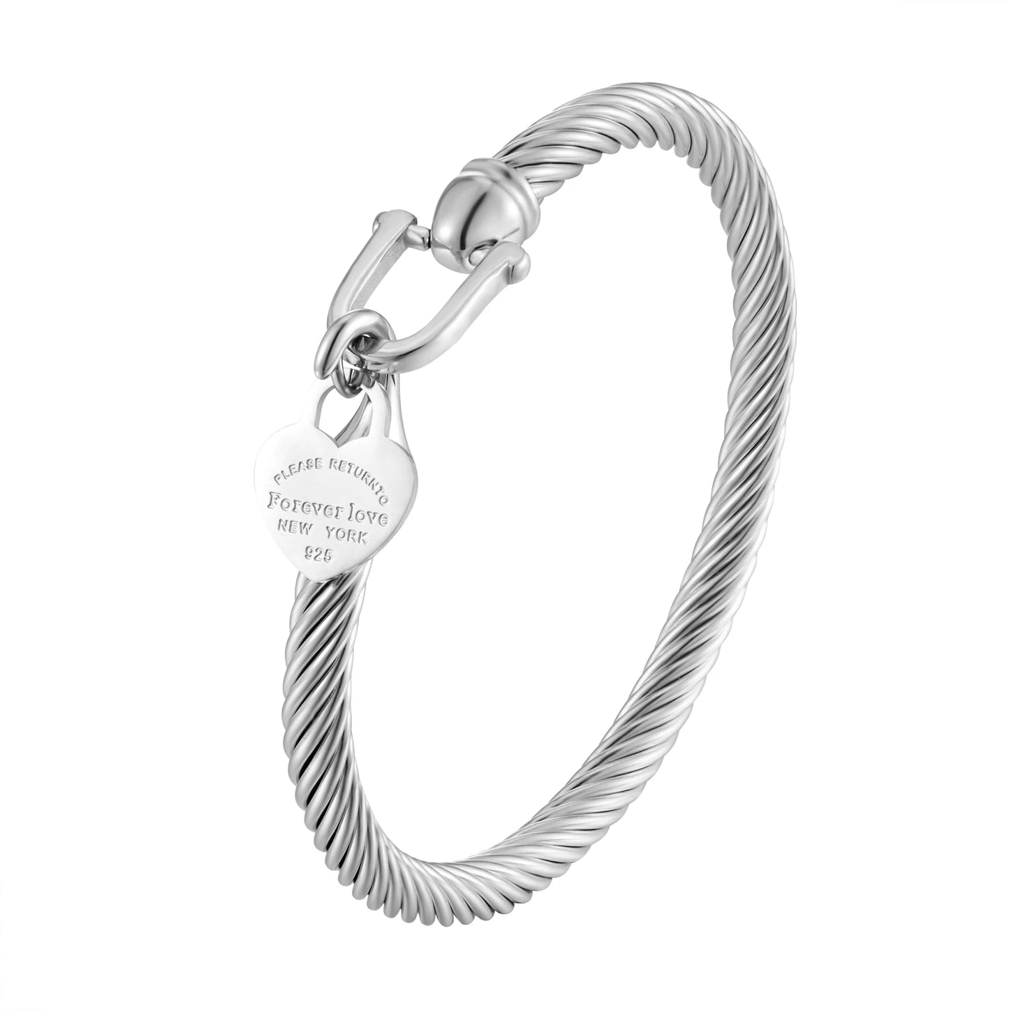 Trendy Stainless Steel Heart Charm Bracelet Cable Wire Cuff Bangle for Women Girls Party Jewelry Gift