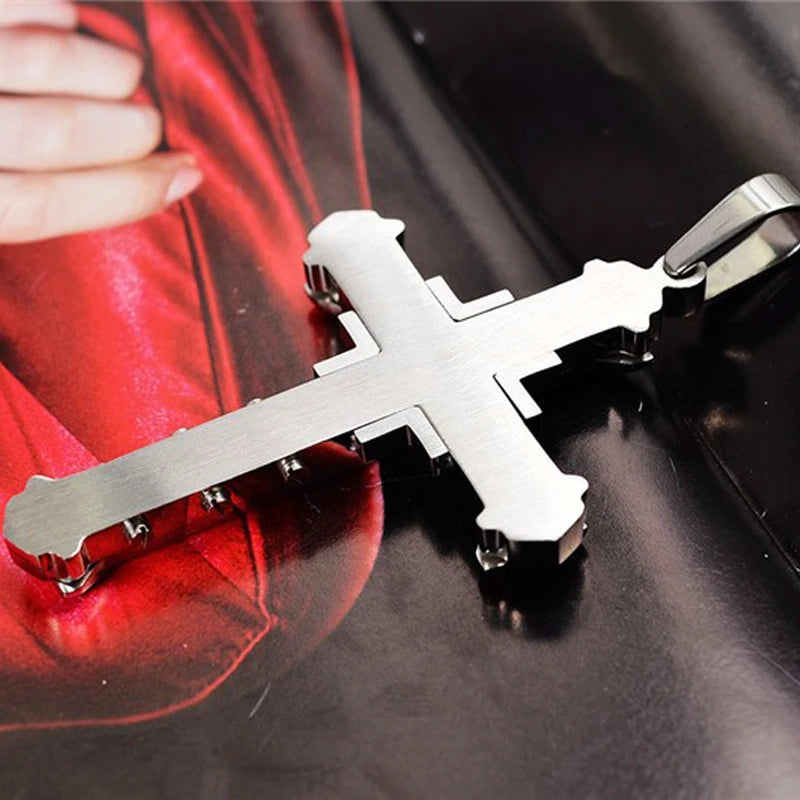 Male Crystal Cross Jesus Pendant Gold/Black/Blue Color Zirconia   Necklace Stainless Steel Jewelry