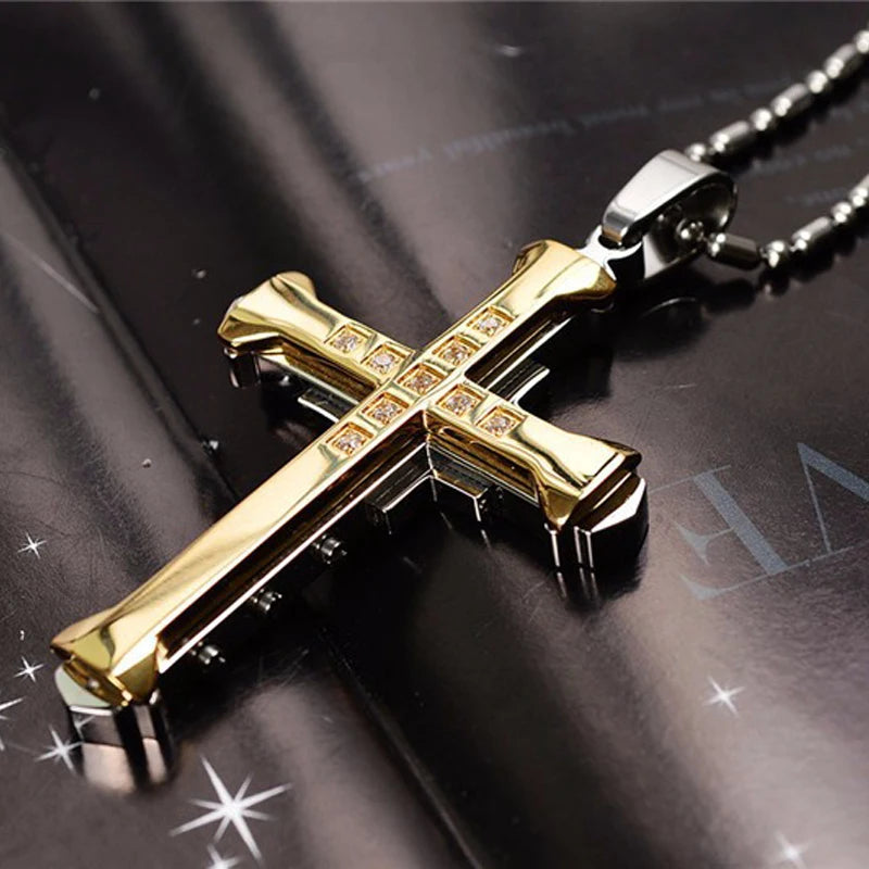 Male Crystal Cross Jesus Pendant Gold/Black/Blue Color Zirconia   Necklace Stainless Steel Jewelry