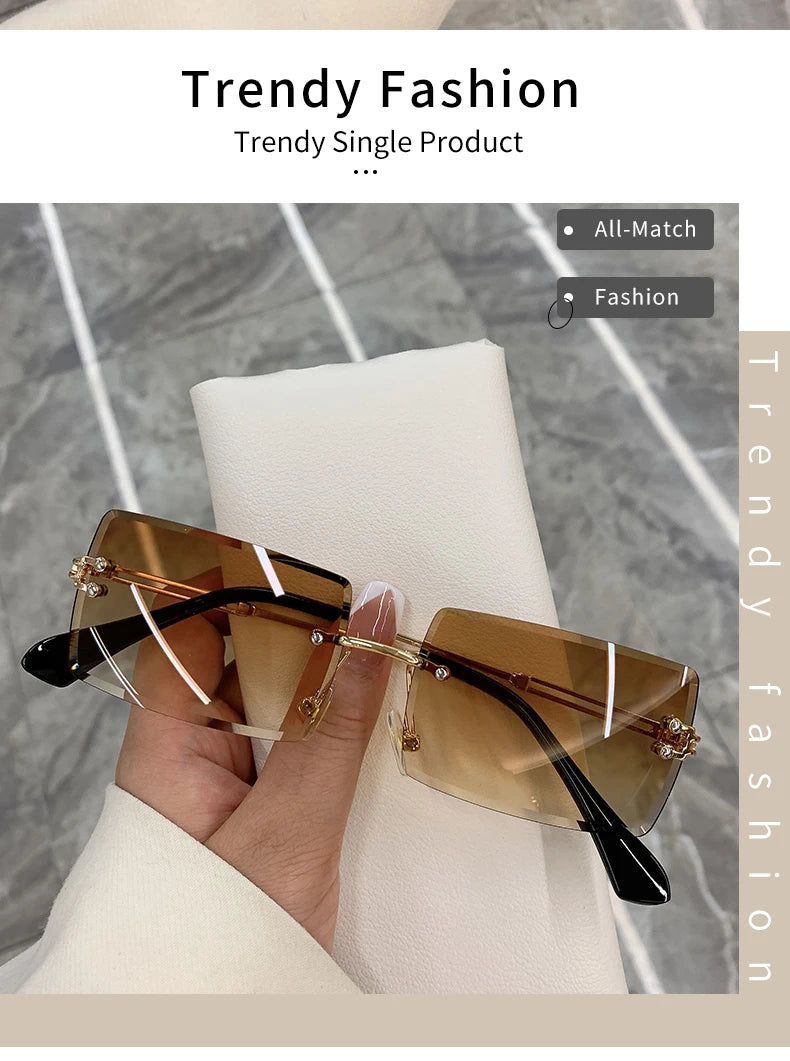 Vintage Fashion Sunglasses for Women Rimless Frameless Rectangle Shades Gradient UV400 Summer Traveling Sun Glasses for Womenn