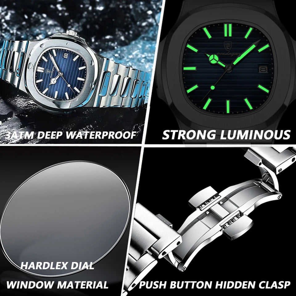 POEDAGAR Luxury Watch Business Waterproof Male Clock Luminous Date Stainless Steel Square Quartz Men Watch reloj hombre New