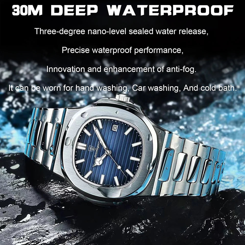 POEDAGAR Luxury Watch Business Waterproof Male Clock Luminous Date Stainless Steel Square Quartz Men Watch reloj hombre New