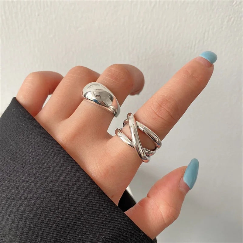 VENTFILLE 925 Sterling Silver Irregular Water Droplets Cross Ring Female Simple Retro Style Handmade Jewelry