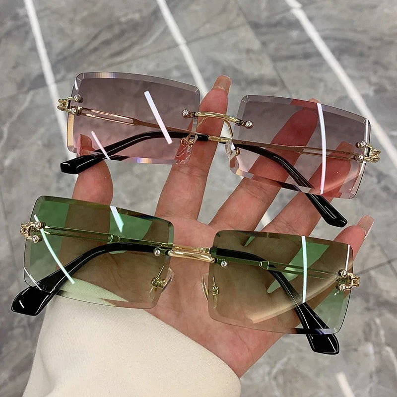 Vintage Fashion Sunglasses for Women Rimless Frameless Rectangle Shades Gradient UV400 Summer Traveling Sun Glasses for Womenn