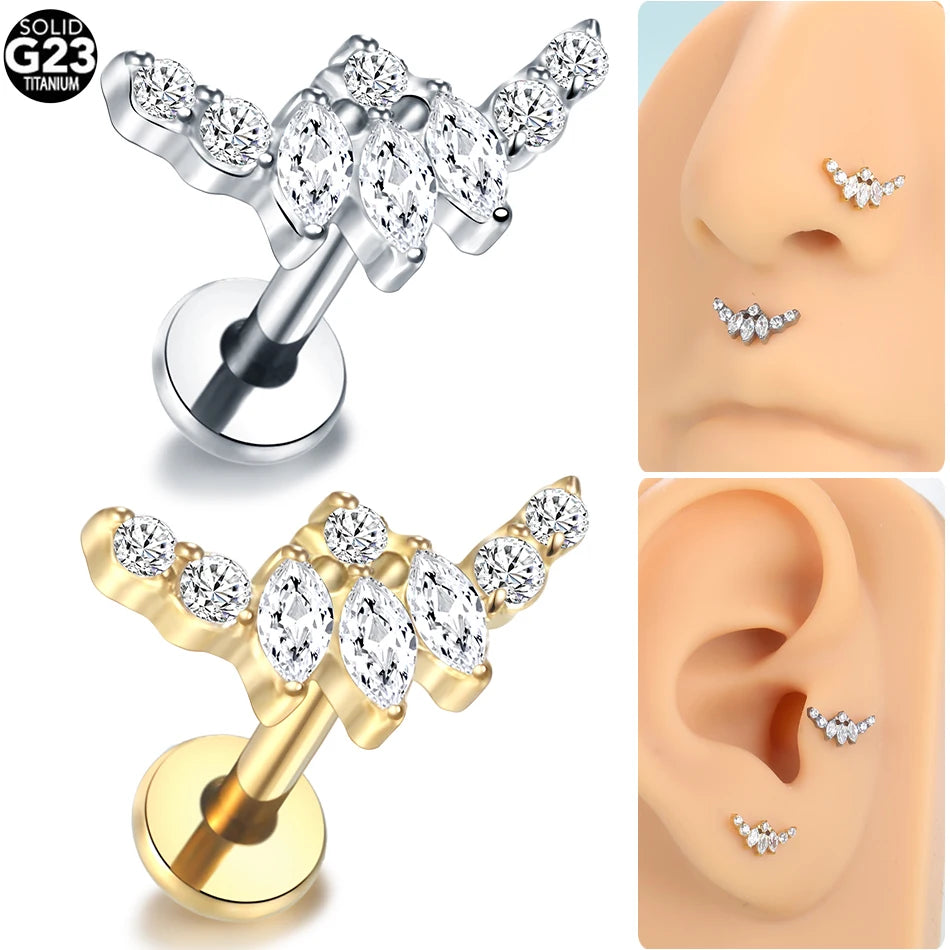 1PC Titanium Zircon Labret Piercings Lip Rings Gold Color CZ Cartilage Helix Lobe Conch Earring Stud Piercings Women Jewelry 16G