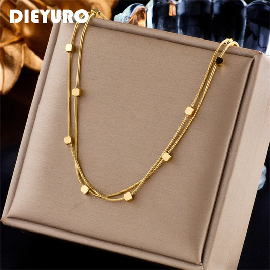 DIEYURO 316L Stainless Steel 2 In 1 Small Cube Chains Necklace For Women Gold Silver Color Girls Choker Party Jewelry Gifts