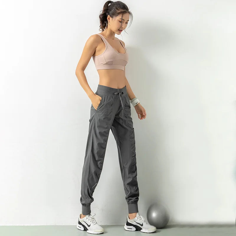 Drawstring Running Sport Joggers Women Quick Dry Athletic Gym Fitness Sweatpants with Two Side Pockets Exercise Pants