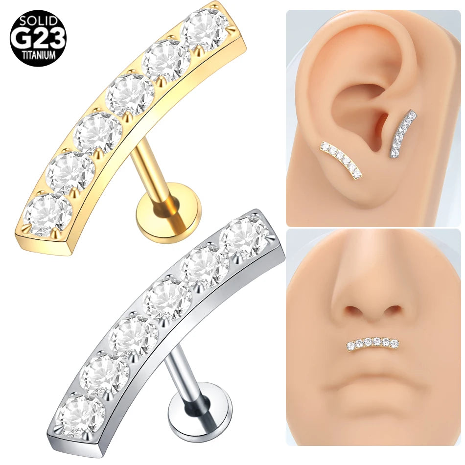 1PC Titanium Zircon Labret Piercings Lip Rings Gold Color CZ Cartilage Helix Lobe Conch Earring Stud Piercings Women Jewelry 16G