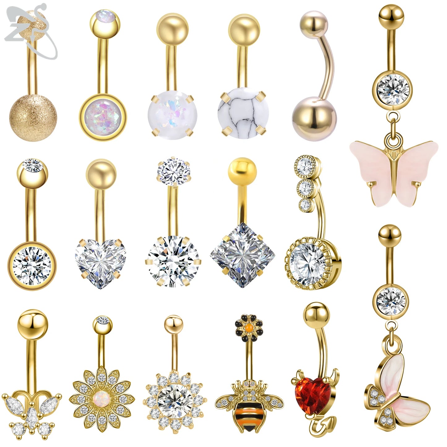 ZS 1 Piece Gold Color Stainless Steel Belly Ring Flower Heart CZ Crystal Navel Belly Button Rings Butterfly Navel Piercings 14G