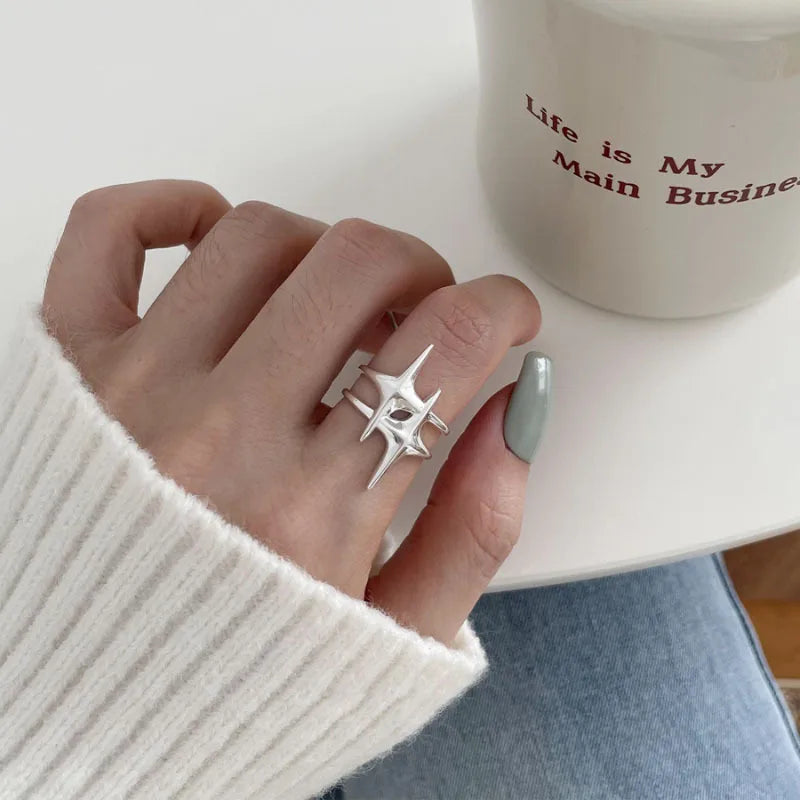 VENTFILLE 925 Sterling Silver Irregular Water Droplets Cross Ring Female Simple Retro Style Handmade Jewelry