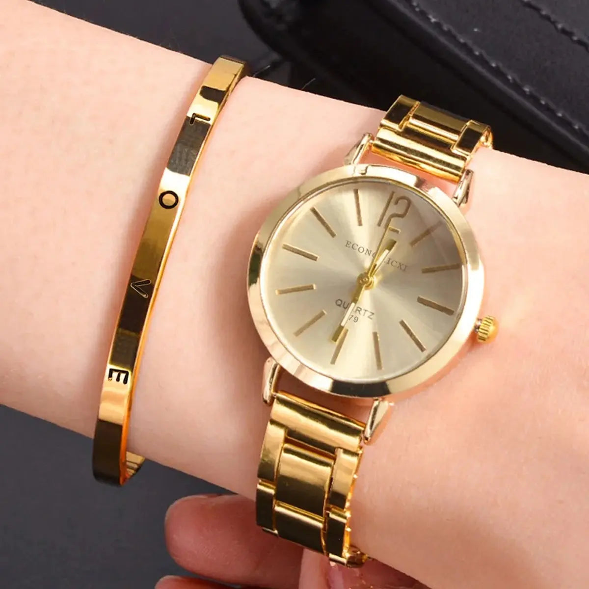 2pcs Watch Set Luxury Women Simple Dial Hollow Strap Fashion Gold Bracelet Quartz Wristwatch Student Ladies Watches Reloj Mujer