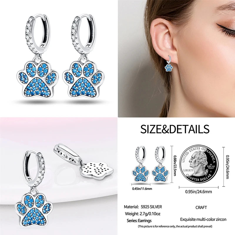 Hoop Earrings 925 Sterling Silver Starry Moon Feather Blue Shiny Zircon Inlaid Drop Earrings Women Fashion Jewelry Gift