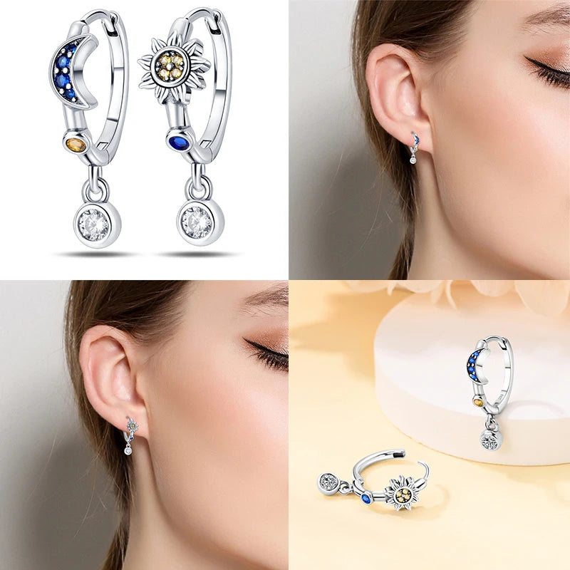 Hoop Earrings 925 Sterling Silver Starry Moon Feather Blue Shiny Zircon Inlaid Drop Earrings Women Fashion Jewelry Gift