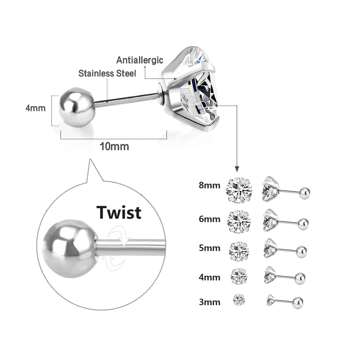 LUXUSTEEL 1 Pairs Shiny Crystal Zircon Stud Earrings For Women Men Round Beads Screw Back Needle CZ Ear Stainless steel 3-8mm