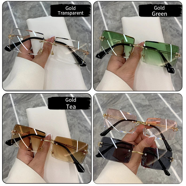 Vintage Fashion Sunglasses for Women Rimless Frameless Rectangle Shades Gradient UV400 Summer Traveling Sun Glasses for Womenn