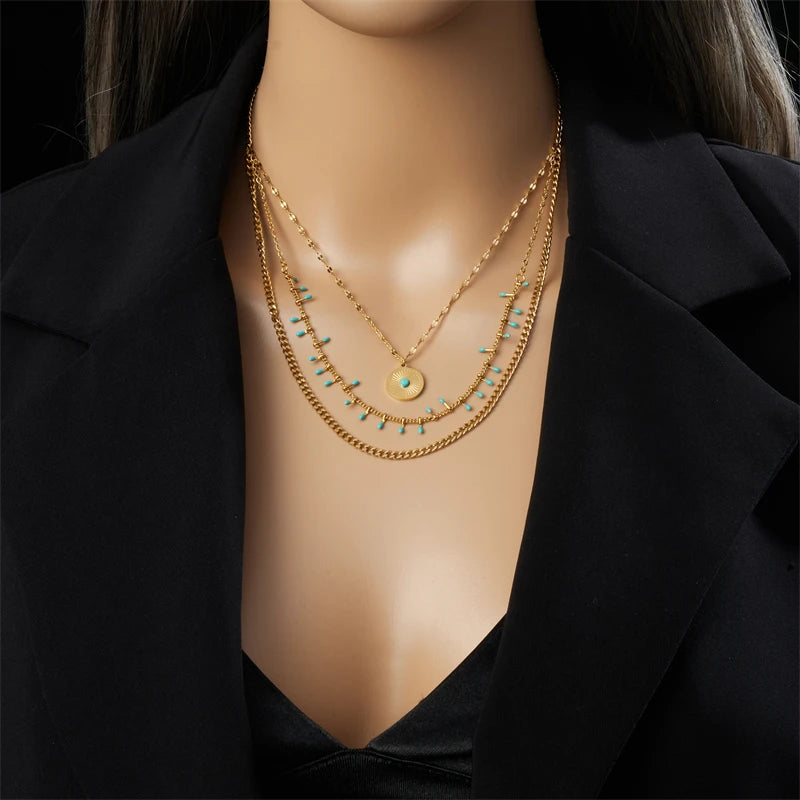 XIYANIKE 316L Stainless Steel Golden Necklace Three Chain Circle Pendant New Arrival Accessories for Women Jewelry Gift Collier