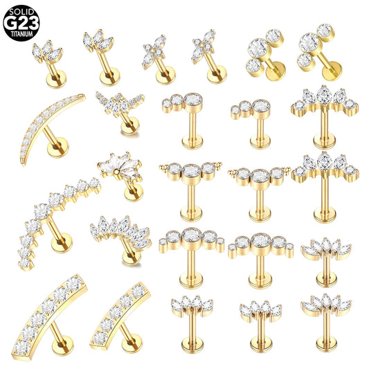 1PC Titanium Zircon Labret Piercings Lip Rings Gold Color CZ Cartilage Helix Lobe Conch Earring Stud Piercings Women Jewelry 16G