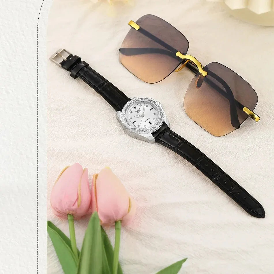 2PCS Set Women Fashion Casual Leather Belt Watches Glasses Ladies Rhinestone Dial Quartz Wristwatches Dress Clock Montre Femme