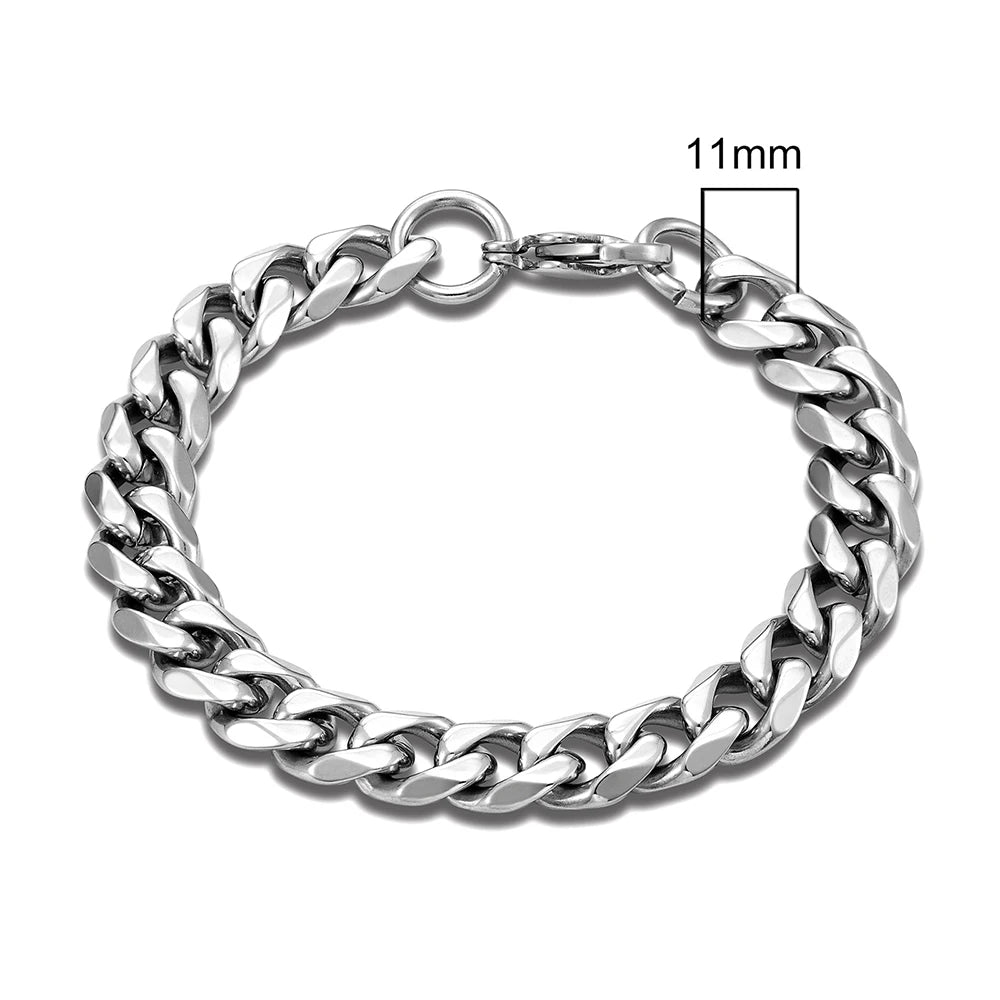 MKENDN 3-11mm Locomotive Men/ Women Punk Rock Stainless Steel Curb Cuban Link Silver Color Bracelet