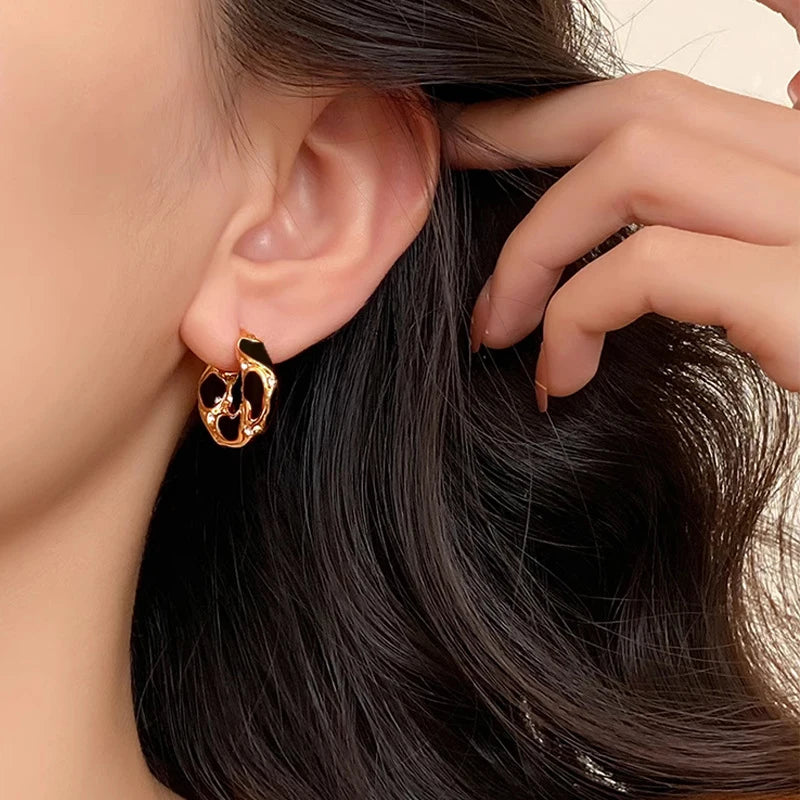 New Trendy Enamel Color Metal Texture Small Hoop Earrings for Women Gold Plated Statement Ear Buckle Creative Jewelry Gifts