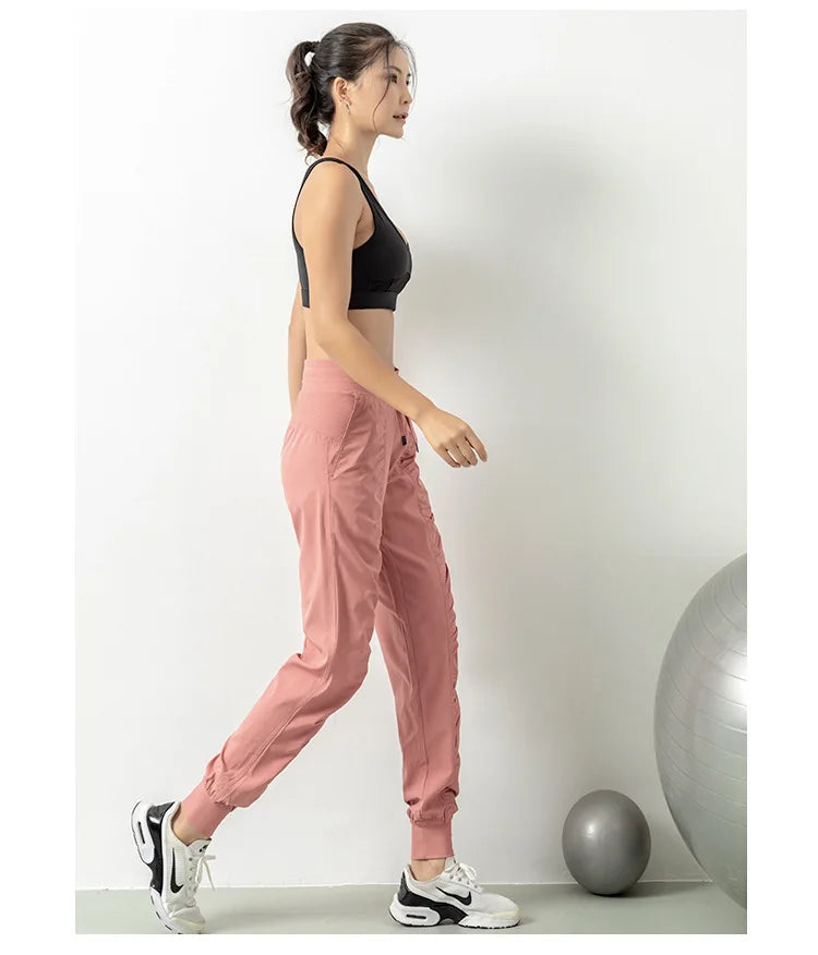 Drawstring Running Sport Joggers Women Quick Dry Athletic Gym Fitness Sweatpants with Two Side Pockets Exercise Pants