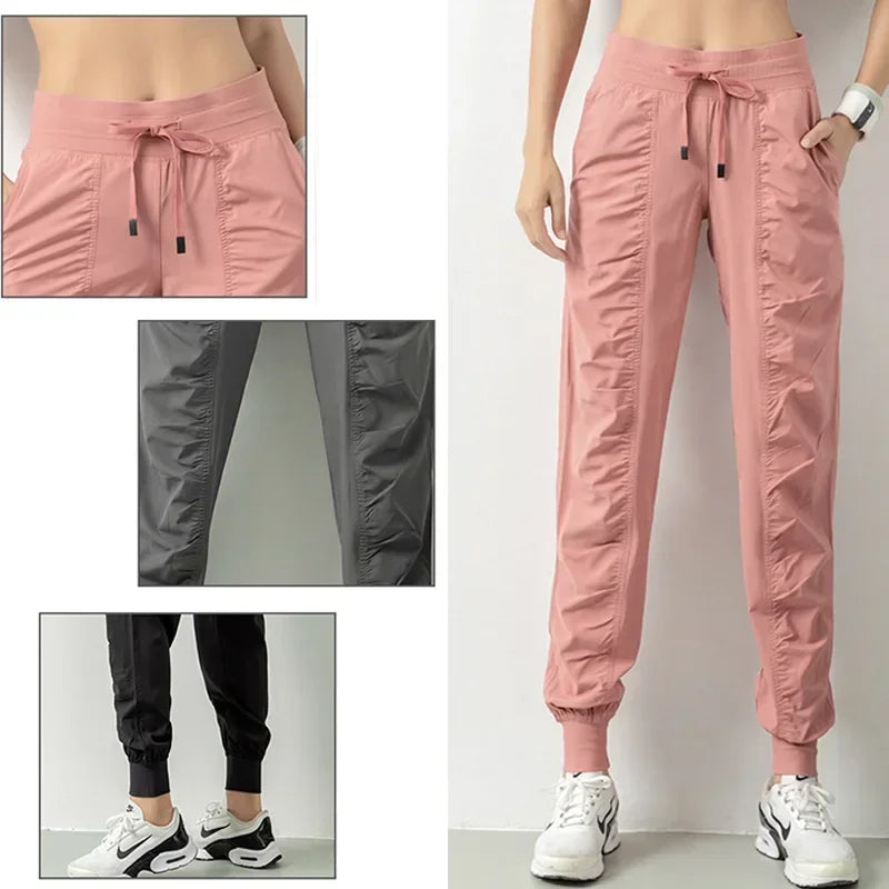 Drawstring Running Sport Joggers Women Quick Dry Athletic Gym Fitness Sweatpants with Two Side Pockets Exercise Pants