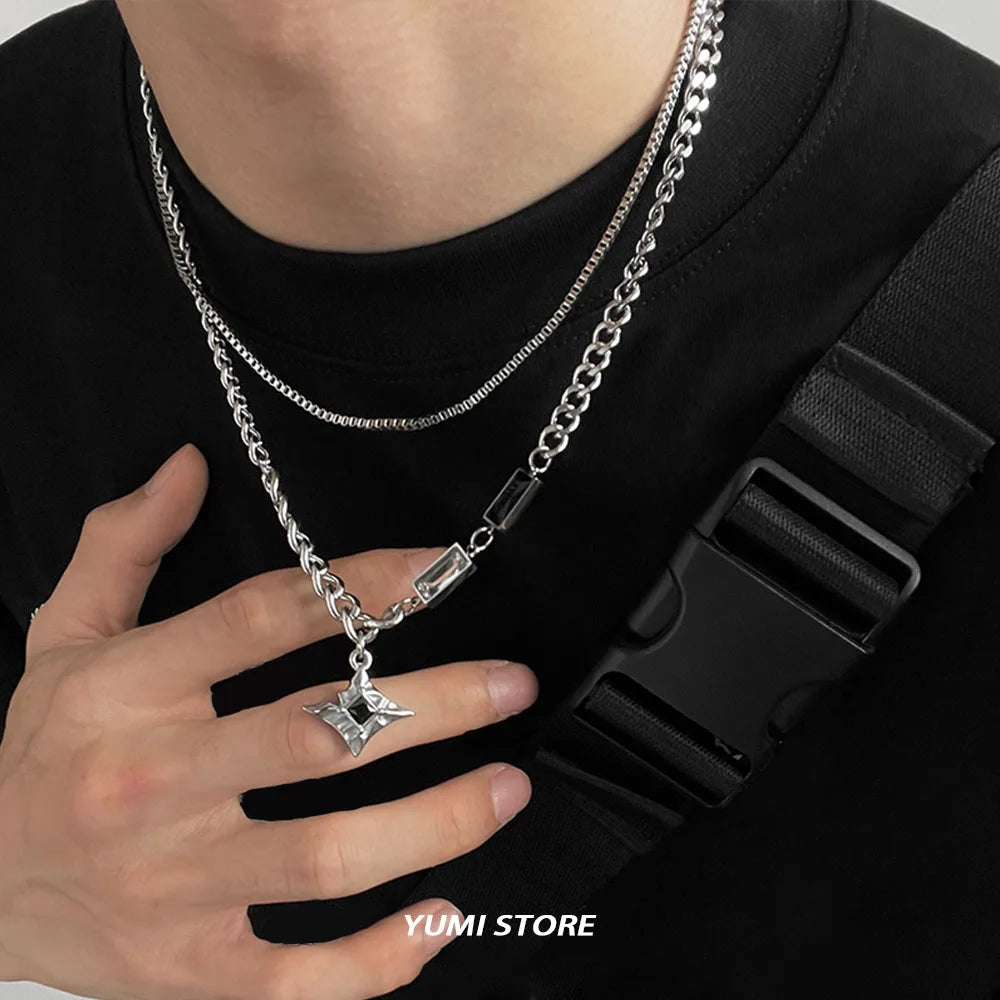 Hip Hop Zircon Star Double Layer Necklace For Men Women Trend Charm Titanium Steel Pendant Chain Unisex Jewelry