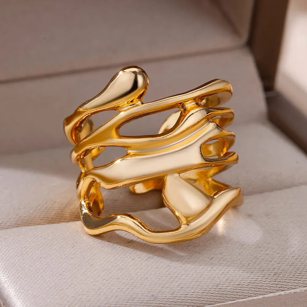 Stainless Steel Rings For Women Men Gold Color Hollow Wide Open Ring Female Male Fashion Wedding Party Finger Jewelry Gift 2024