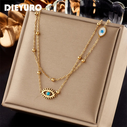 DIEYURO 316L Stainless Steel Multilayer 2in1 Eye Pendant Necklace For Women New Girls Clavicle Chains Jewelry Birthday Gifts