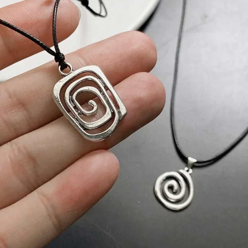 Vintage Spiral Vortex Pendant Necklace Hand-woven Leather Rope Necklace for Women Boho Goth Necklace Fashion Jewelry