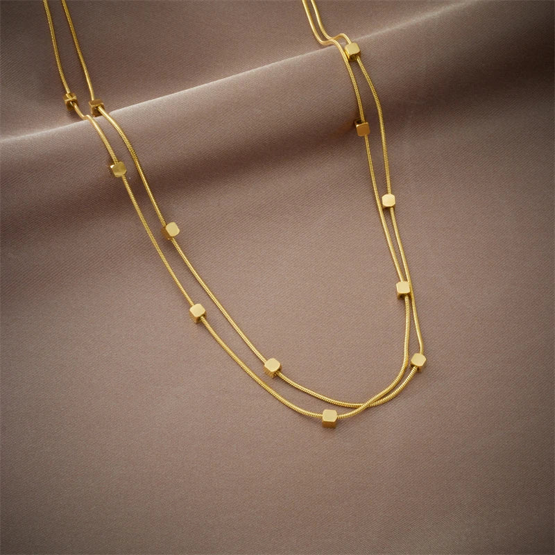 DIEYURO 316L Stainless Steel 2 In 1 Small Cube Chains Necklace For Women Gold Silver Color Girls Choker Party Jewelry Gifts