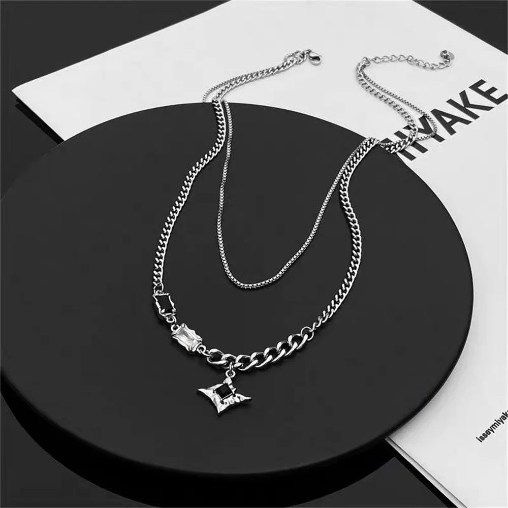 Hip Hop Zircon Star Double Layer Necklace For Men Women Trend Charm Titanium Steel Pendant Chain Unisex Jewelry